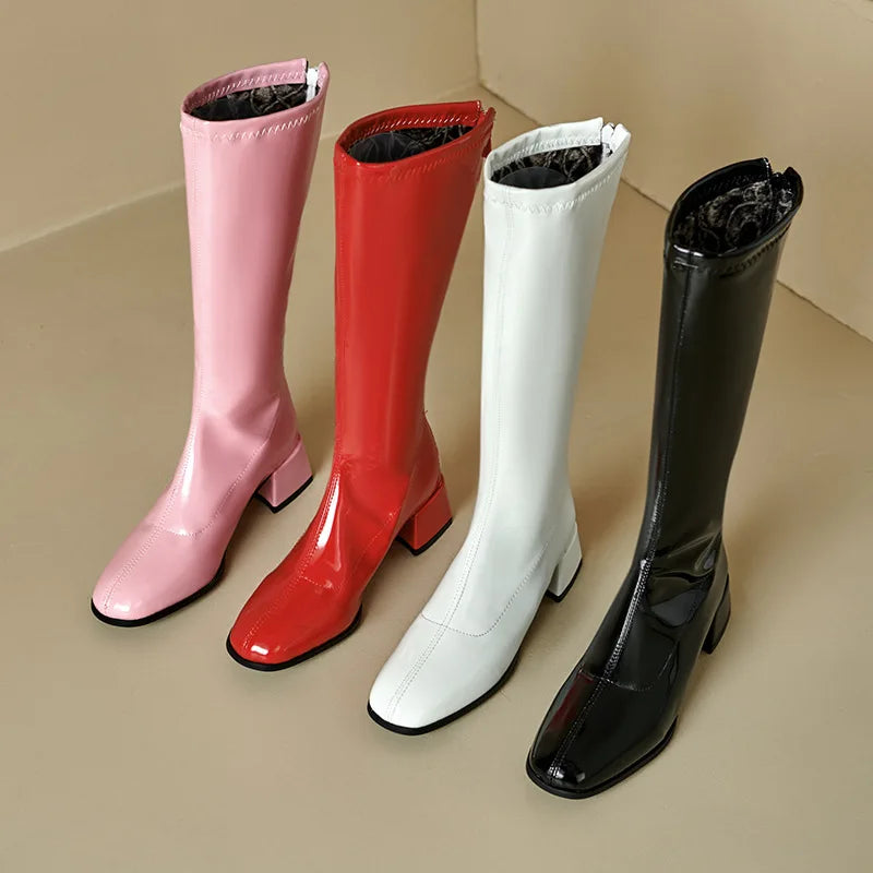 Red Patent Leather Square Toe Knee-High Boots for Women