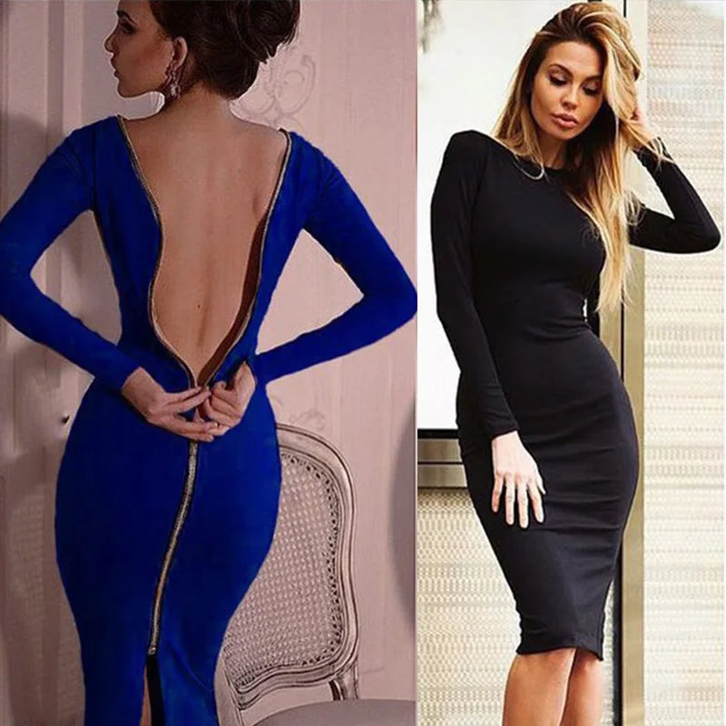 Solid Color Backless Zipper Hip Slit Slim Midi Dress for Women