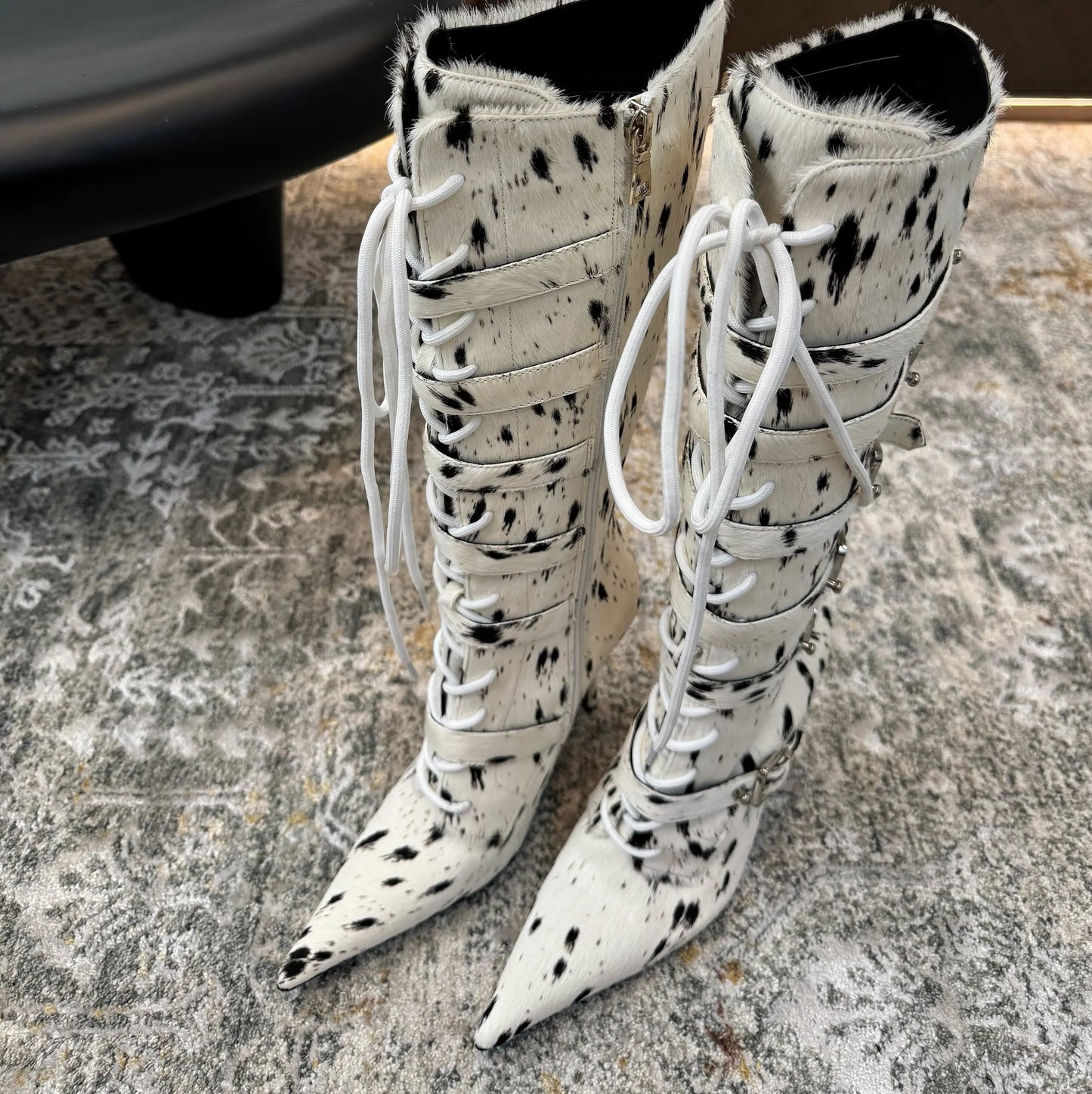 Pointed Toe Belt Strap Lace Up Fur Lined Knee Boots For Women