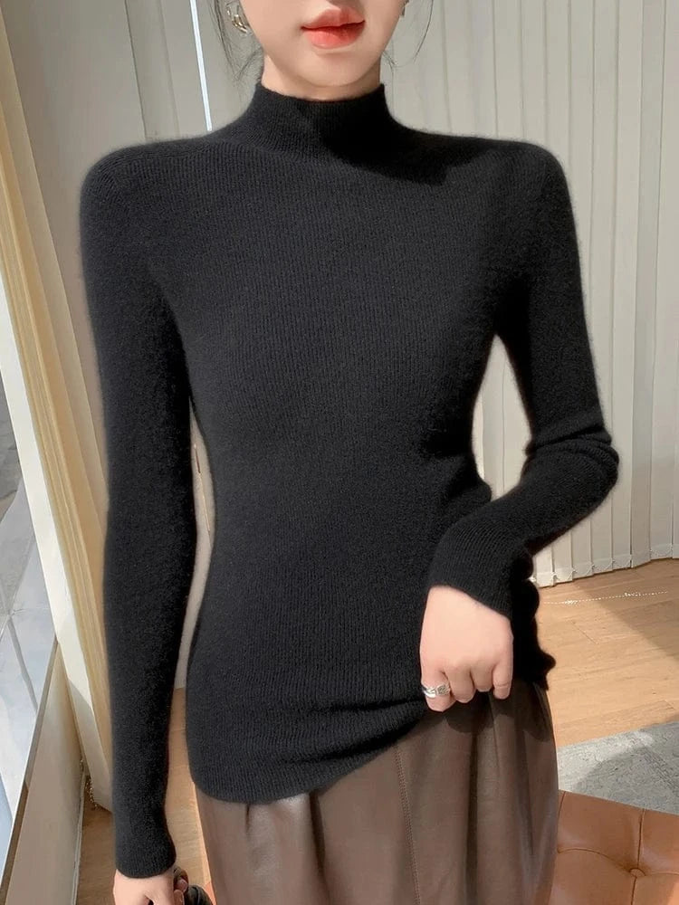 Women 100% Cashmere Sweater Mock Neck Pullover Autumn Winter Slim Basic Cashmere Knitwear Soft Warm High Strecth Pullover Tops