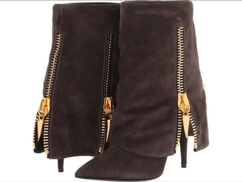 Black Suede Pointed Toe Ankle Boots With Gold Zipper For Women