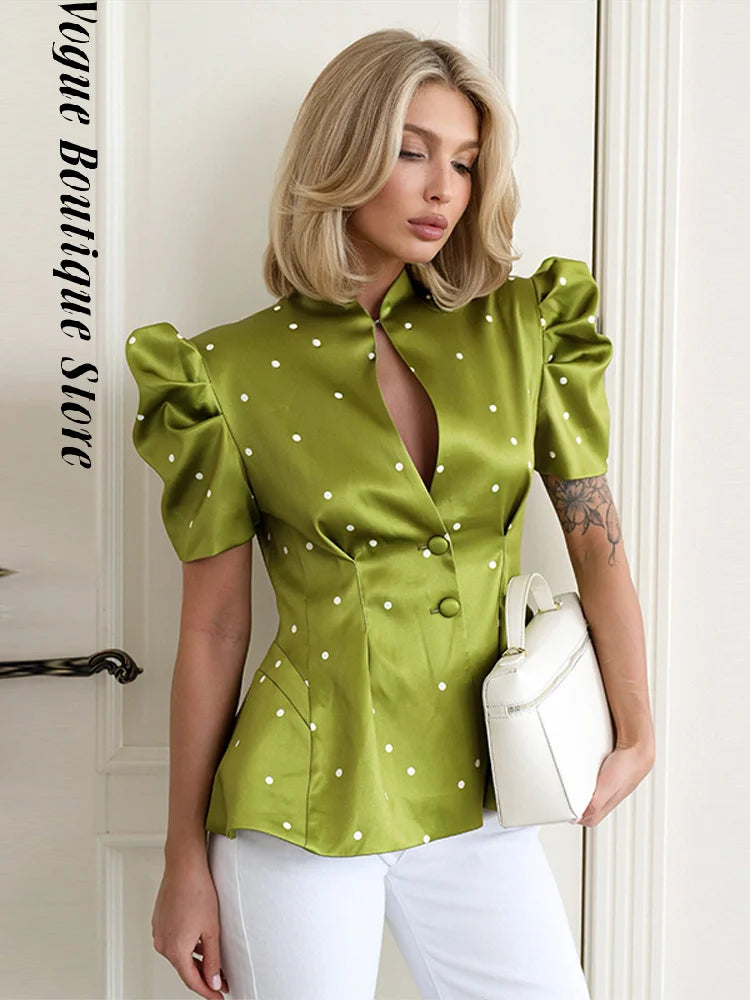 Elegant Printed Puff Sleeve Stand Collar Shirt for Women