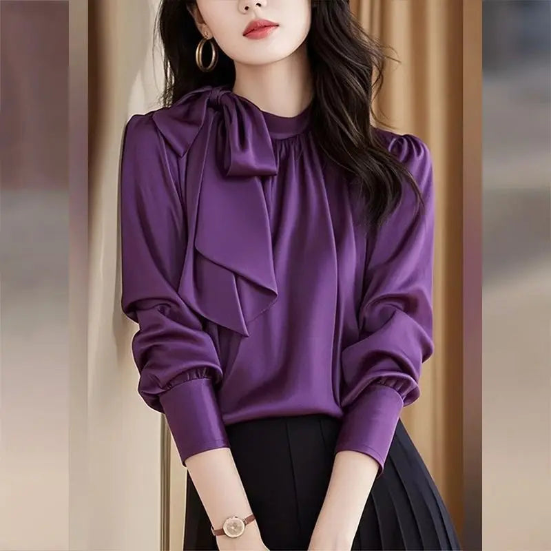 Elegant Purple Satin Blouse With Delicate Bow Accent For Women