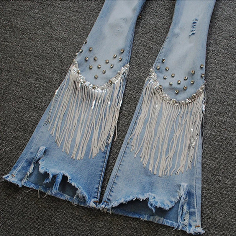 Beaded Studded Diamond Fringe Cropped Jeans for Women