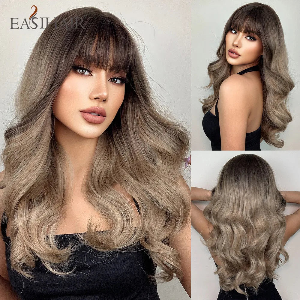 Long Wavy Black Synthetic Wig With Blonde Bangs for Women