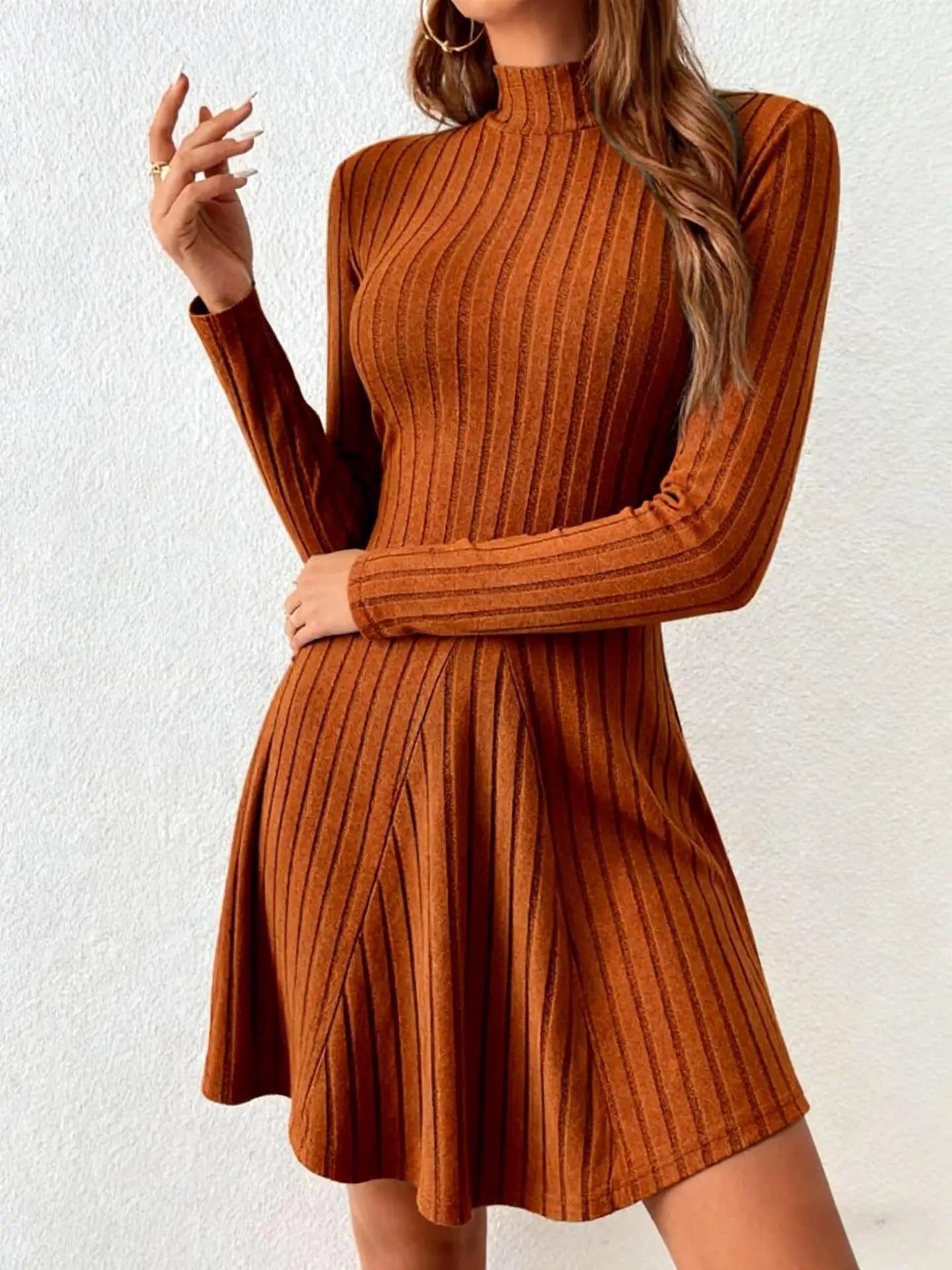 2026 New European and American Women's Slim Fit Half-Turtleneck Waist-Cinch A-Line Ribbed Long-Sleeve Dress