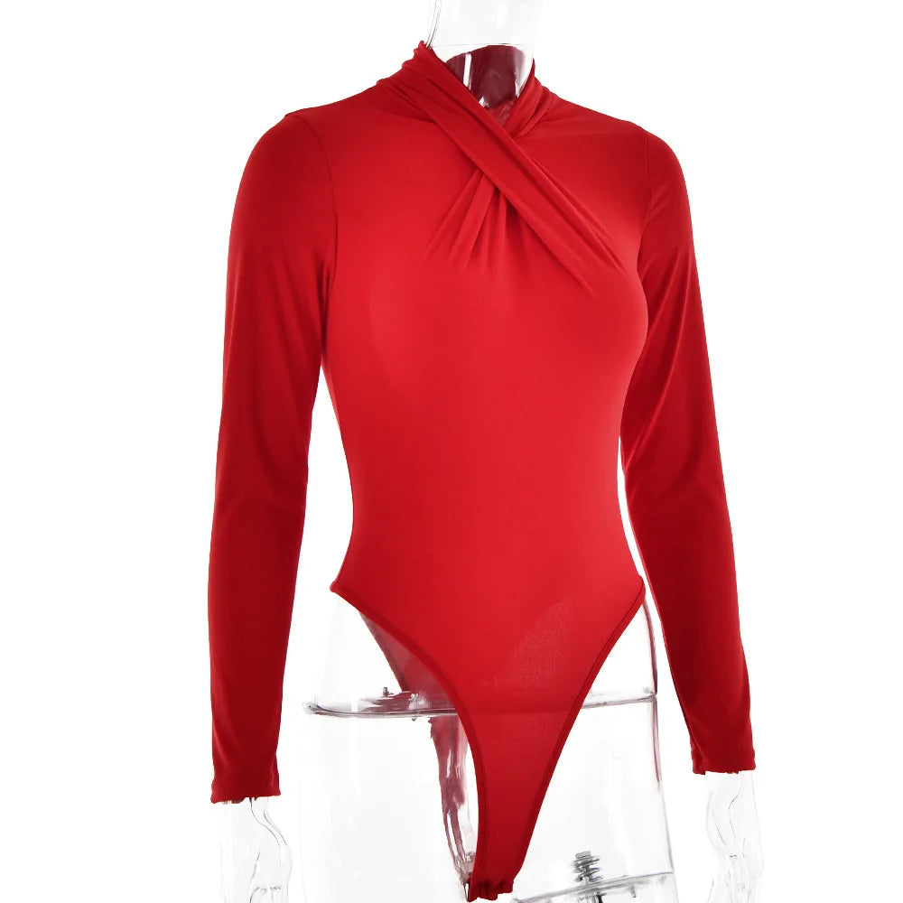 Cryptographic Casual Fashion Basic Long Sleeve Sexy Bodysuit Outfits for Women Elegant Wrap Neck Tops One Piece Skinny Clothes