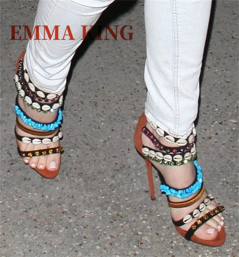 Crystal Shell Decor Stiletto Sandals for Women Party Footwear