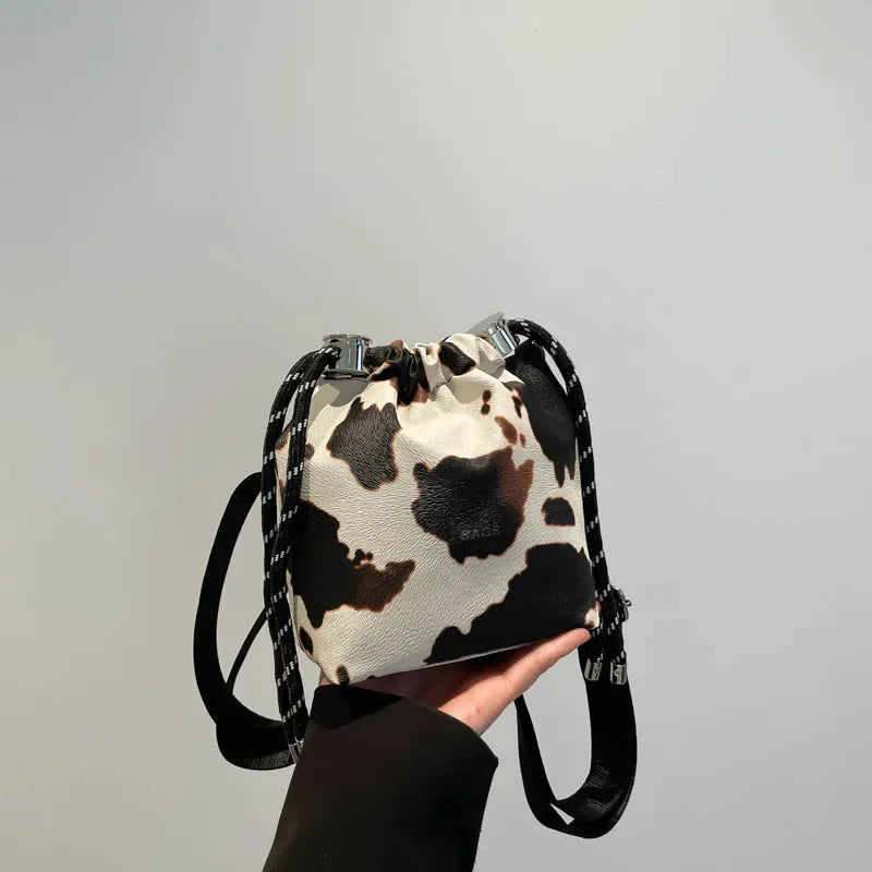 New Leopard Print Bag Fashion Cow Pattern Drawstring Bucket Bag Texture Brand Design Crossbody Bag Lady Versatile Storage Bag