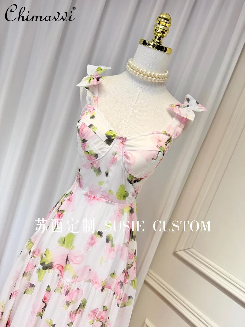 High-end Fashion Design French Fairy Print Padded Bowknot Cami Dress New 2026 Women's Elegant Cinched Waist Maxi Dress Vacation