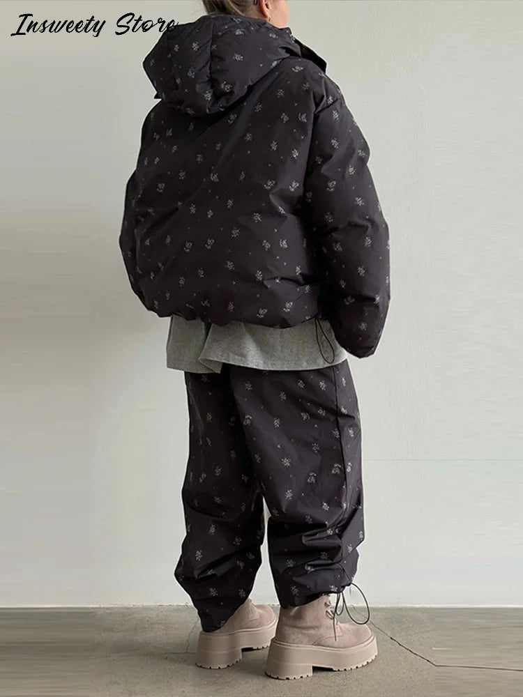 Striped Hooded Puffer Jacket and Wide Leg Pants Set for Women