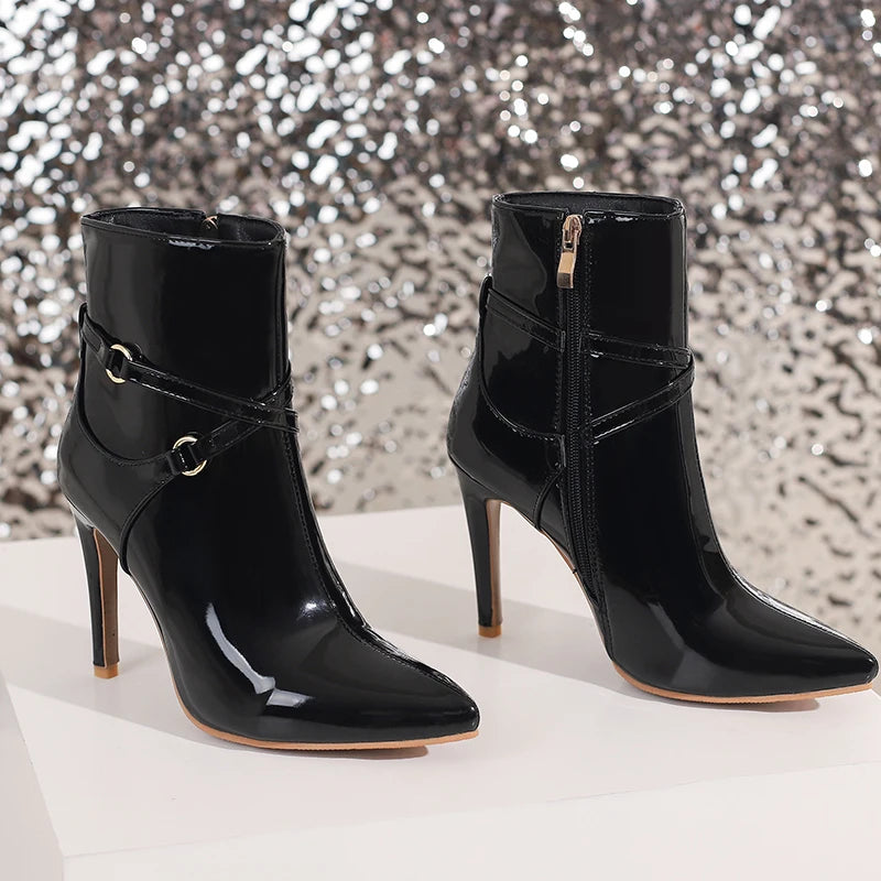 Glossy Patent Leather Pointed Toe Stiletto Ankle Boots for Women