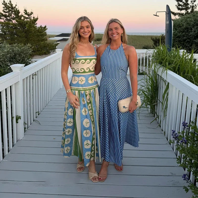 Printed Sleeveless Backless V Neck Midi Dress for Women