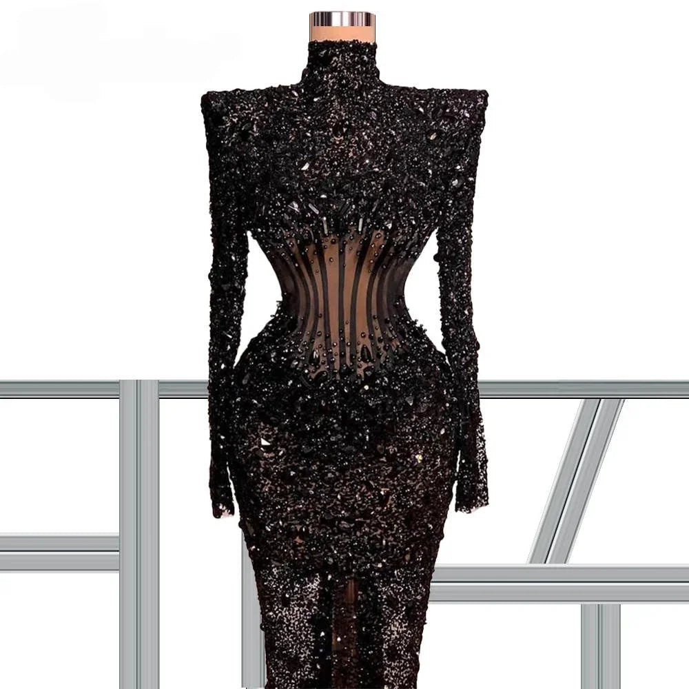 Elegant Long Sleeve Beaded Sequin Evening Gown for Women