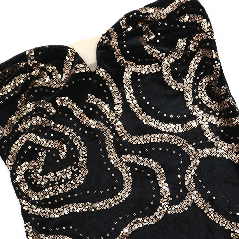 Sweetheart Strapless Deep V Velvet Rhinestone Rose Pattern Maxi Dress for Women