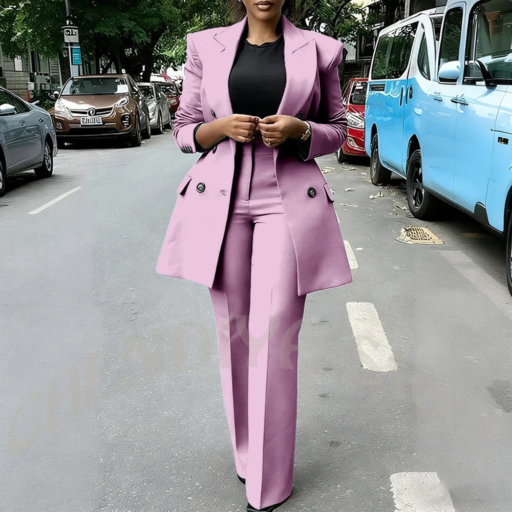 High Quality Women Suits Double Breasted Straight Formal 2 Piece Jacket Pants Peak Lapel High Street Daily Office Casual Suit