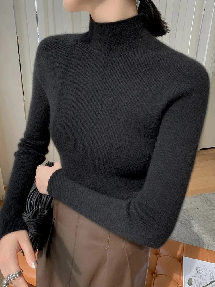 Women 100% Cashmere Sweater Mock Neck Pullover Autumn Winter Slim Basic Cashmere Knitwear Soft Warm High Strecth Pullover Tops