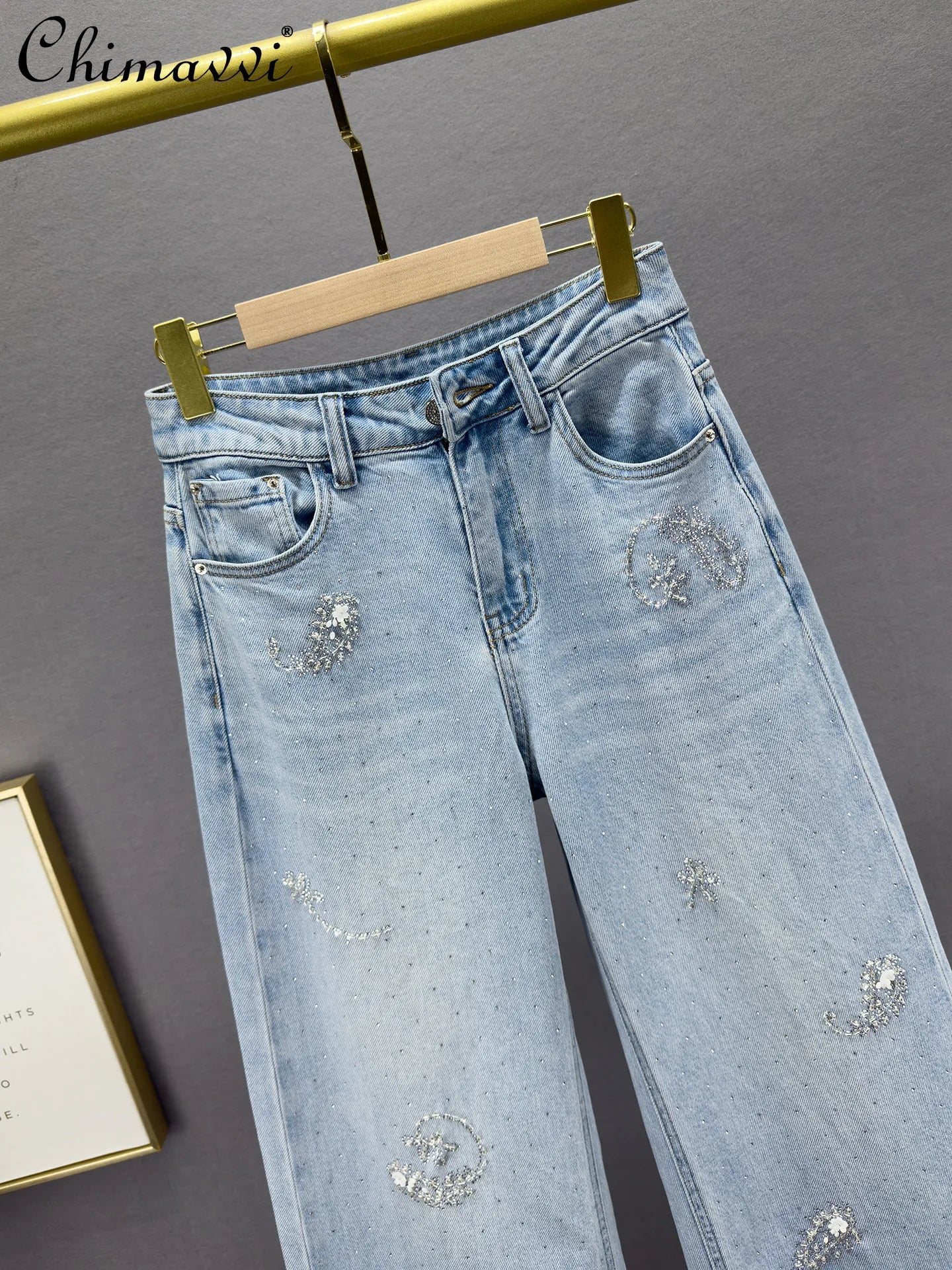 Heavy Hot Diamond Denim Loose Pants Women's 2026 Spring New Fashion High Waist Loose Slimming European Goods Long Mop Pants