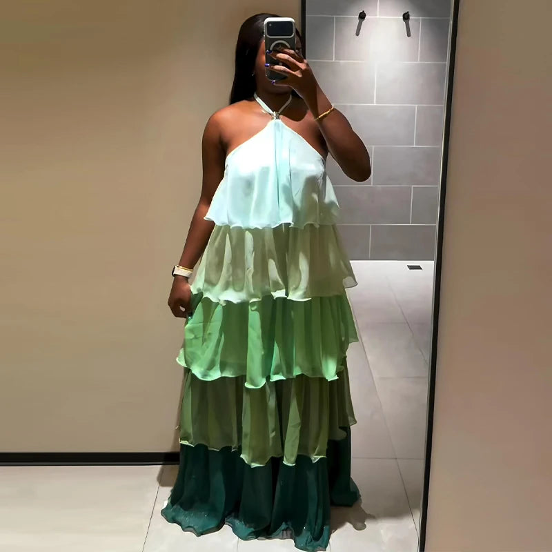 Flowy Gradient Halter Off Shoulder Ruffle Maxi Dress for Women
