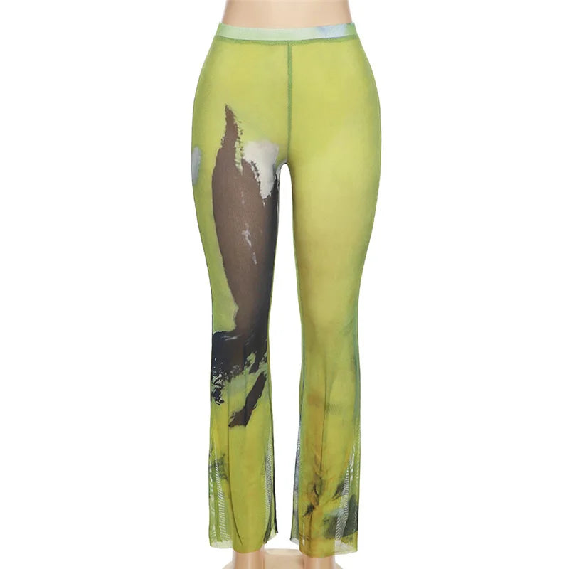 FAGADOER Y2k Sexy Tie Dye Printting Woman 2 Piece Set Outfit Halter Bandage Patchwork Crop Top and Flare Pants Female Streetwear