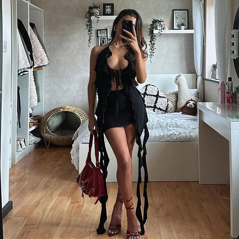 Y2K Sheer Mesh Spaghetti Strap Camisole Top White Ruffle Fringe Halter Tops Coquette Fairy Core Clothes 2024 Fashion