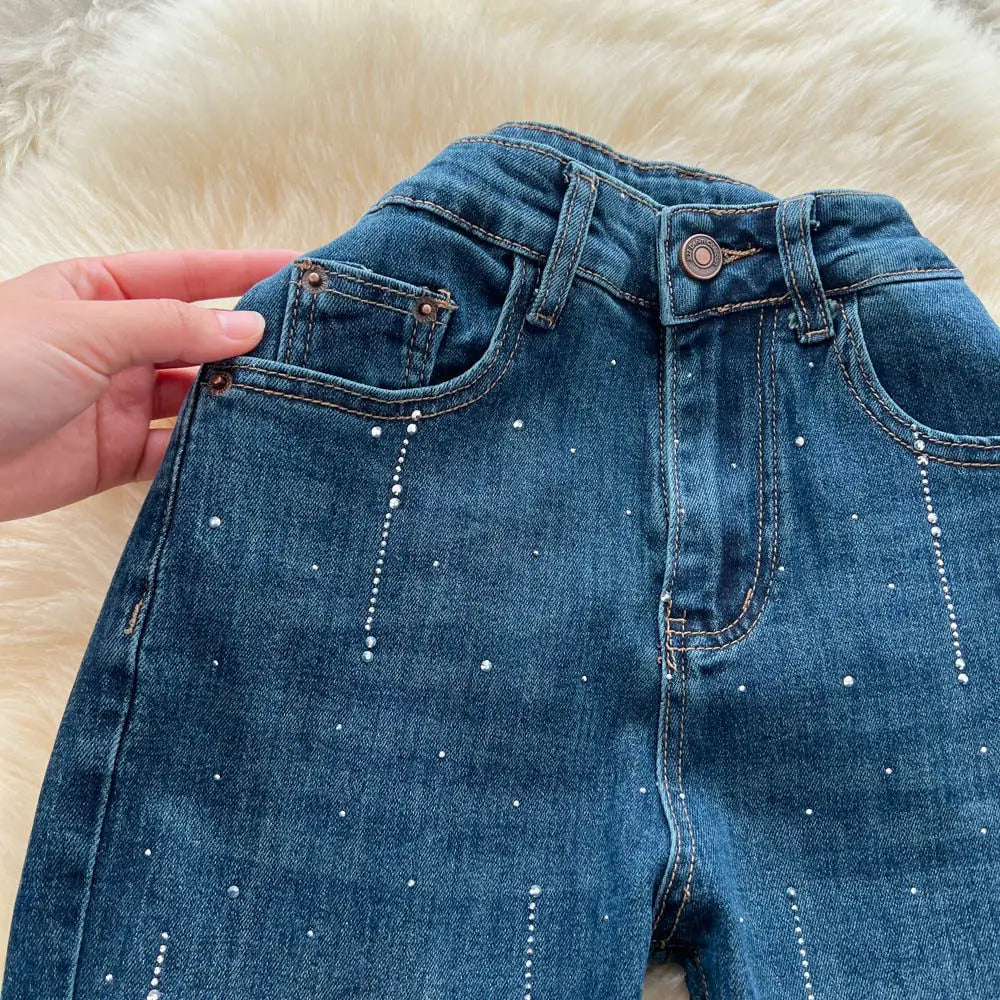 High-Waisted Rhinestone Embellished Flare Jeans for Women