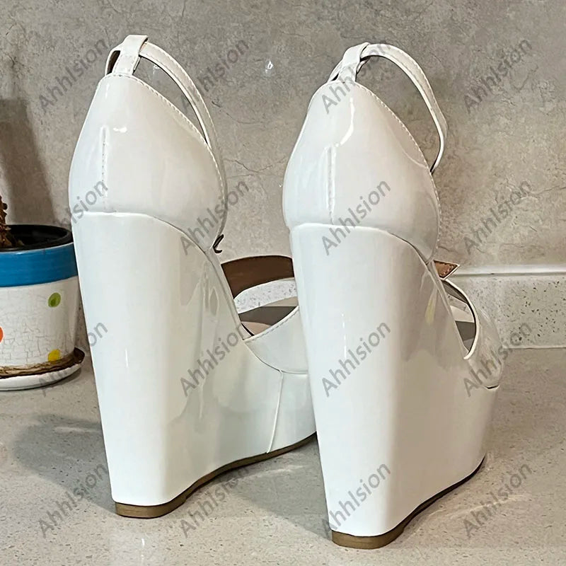 Glossy Peep Toe Platform Wedge Sandals With Buckle Strap For Women