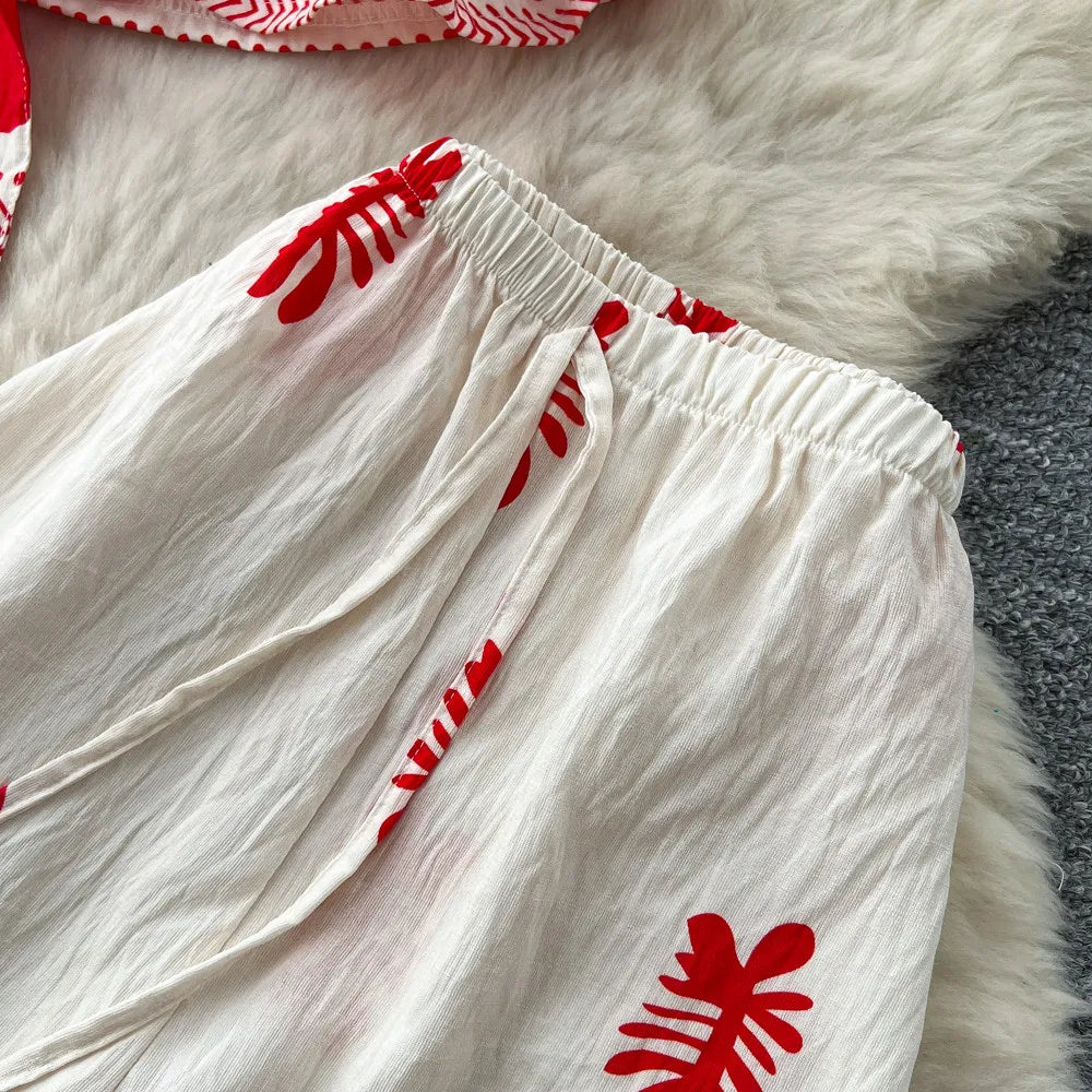 Boho Print Lace-Up Tank Top and Wide-Leg Pants Set for Women