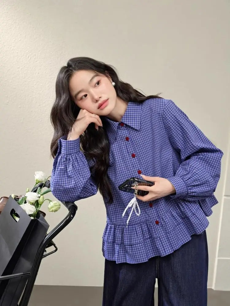 Blue Checkered Ruffle Trim Blouse With Turn Down Collar for Women