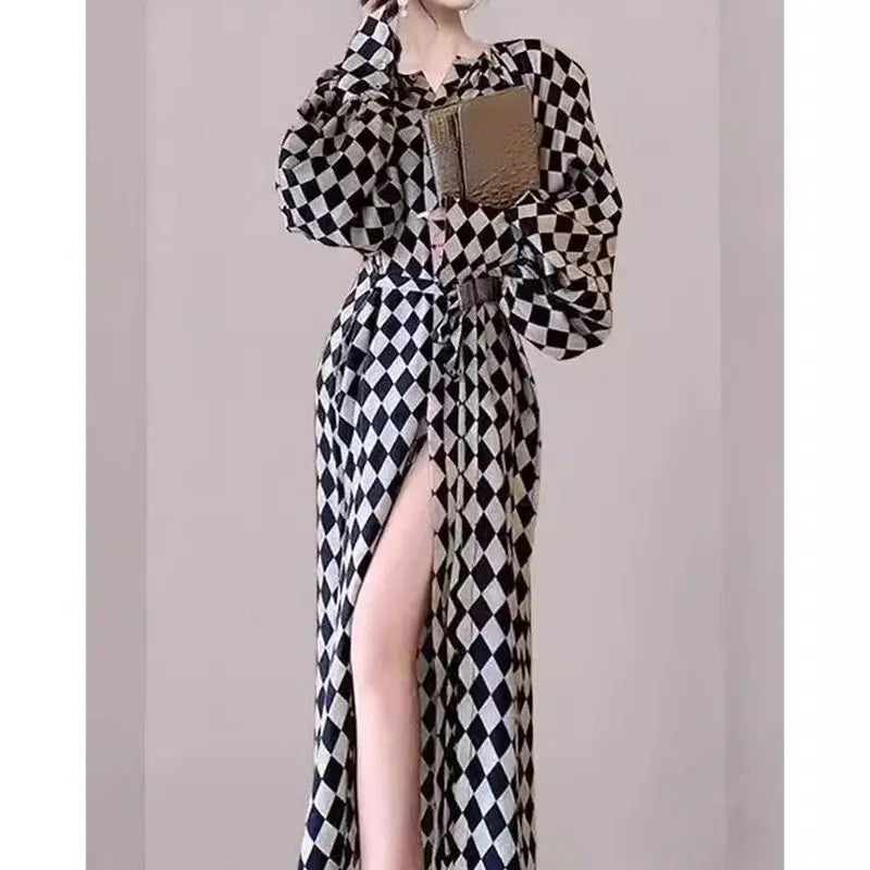 Lace Up Lantern Sleeve Plaid Dress