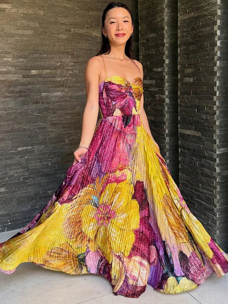 Elegant Floral Print Pleated Floor Length Dress For Women