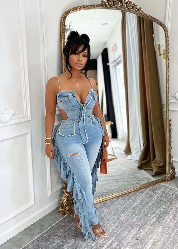 Elegant Strapless Denim Jumpsuit With Tassel Accents For Women