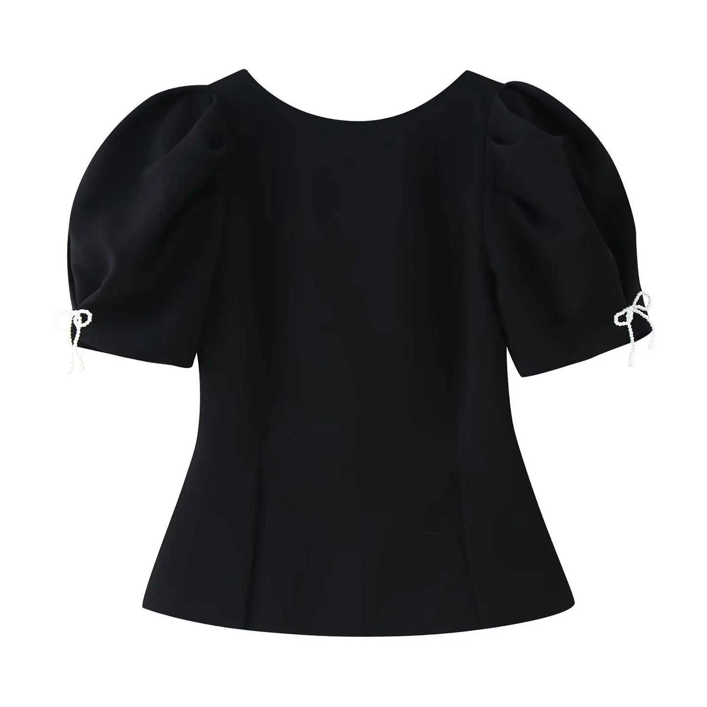 Pearl Bow Puff Sleeve Black Backless Top for Women