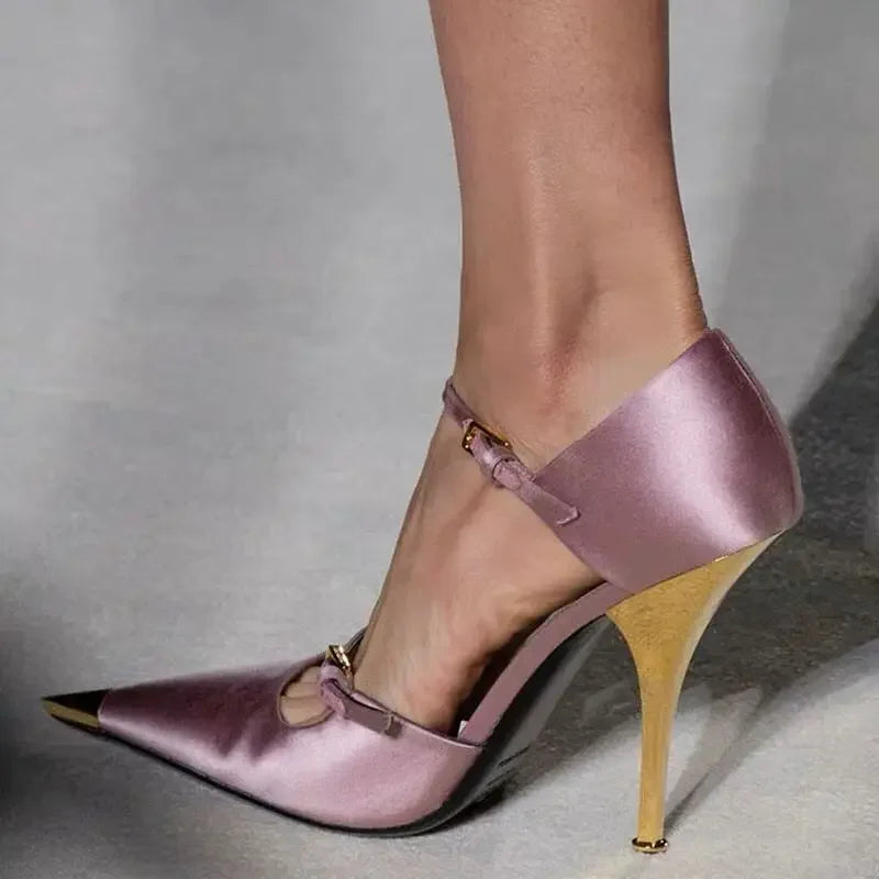 Elegant Sky Blue Silk Pointed Toe Pumps With Ankle Strap For Women