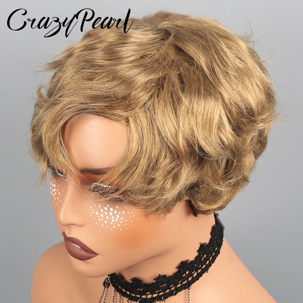 Light Brown Glueless Pixie Cut Human Hair Wig for Women