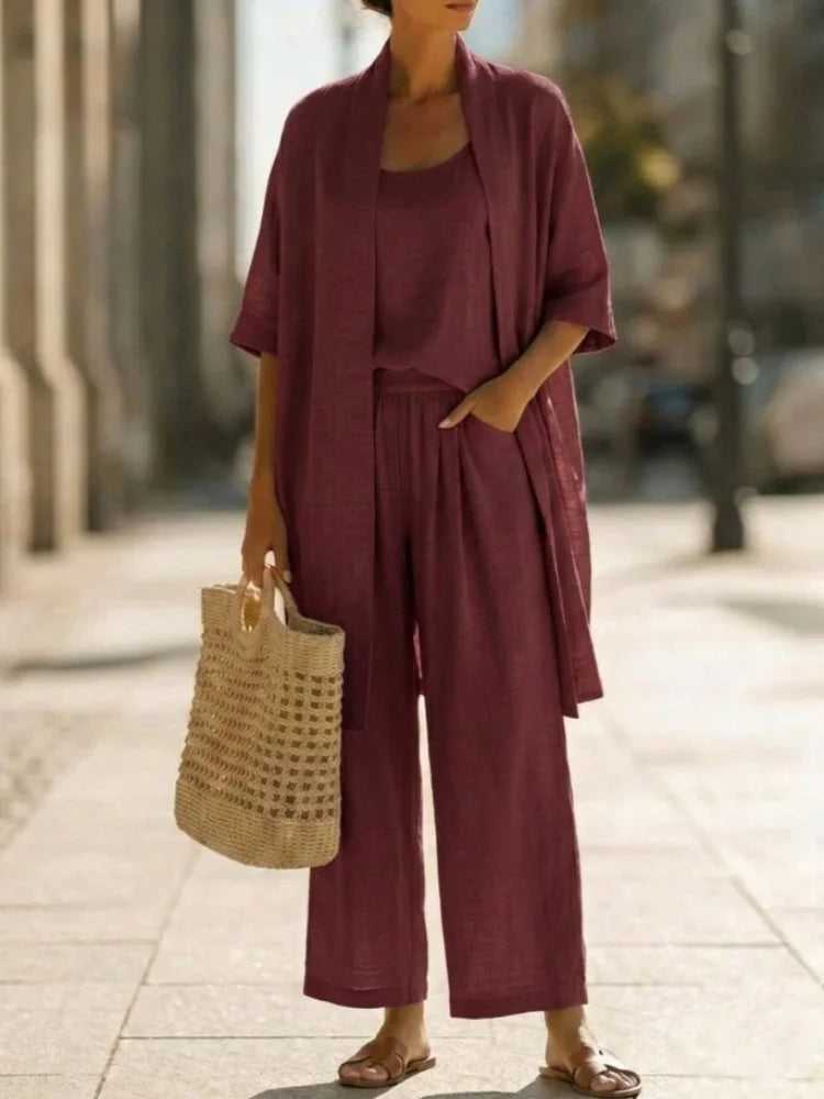 Casual Solid Cotton Linen Wide Leg Three Piece Set for Women