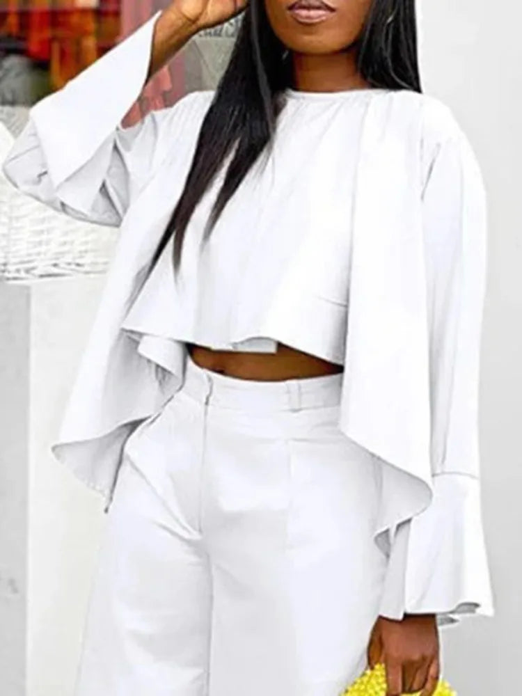 Beautyblue O-Neck High-low Tshirts Fashion Woman Clothing Casual Loose Pleated Lotus Leaf Sleeve Y2k Cotton Blouses&Shirts Tops