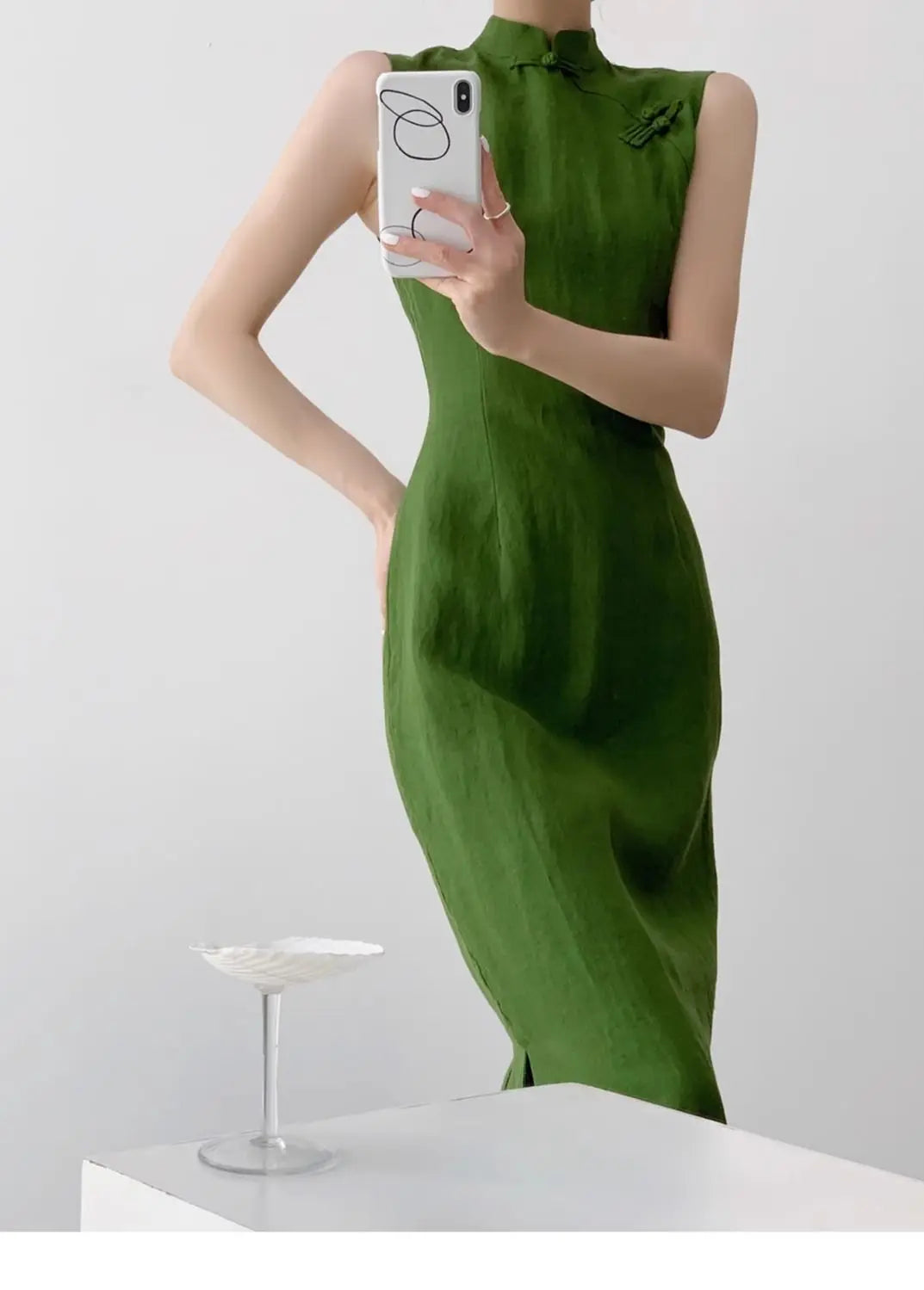 Moss Green Retro Chinese Style Cheongsam Dress for Women