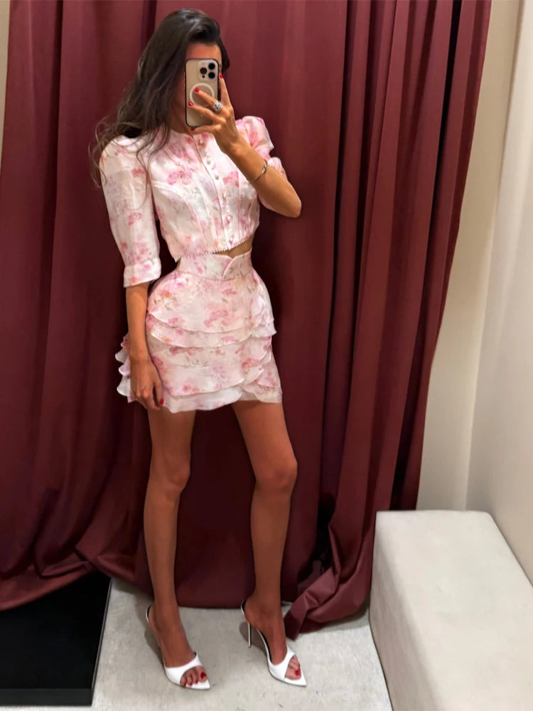 Floral Puff Sleeve Top and Mini Skirt Set for Women