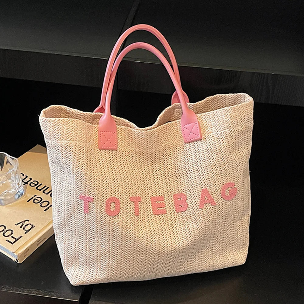 French style large capacity woven straw woven bag for women, new beach vacation shoulder bag, casual commuting tote bag