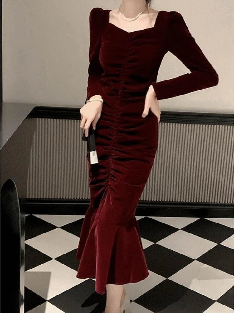 Women Velvet Long Sleeve Maxi Dress Autumn Elegant Luxury A Line Gown High Waist Chic Party Evening Dress Versatile