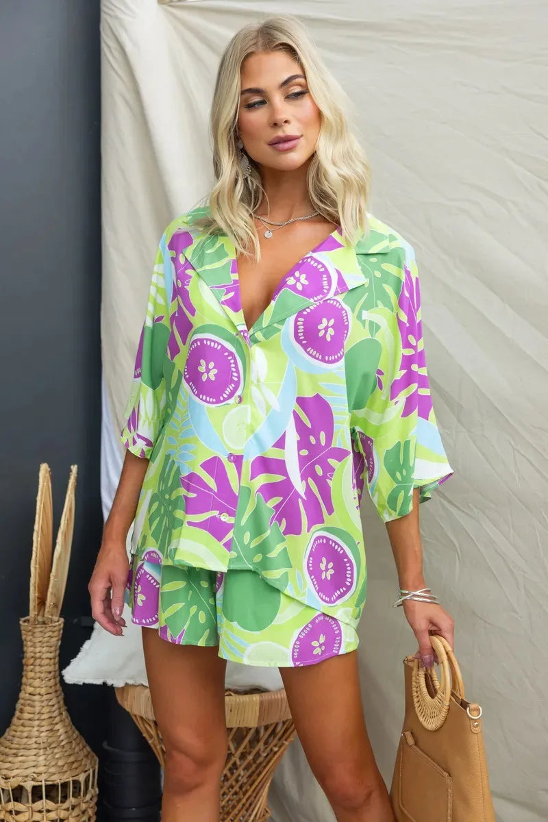 Summer Women Retro Print Short Sleeve 2PCS Loose Suits Casual V-Neck Shirt Top Elastic Waist Short Pants Sets Beachwear