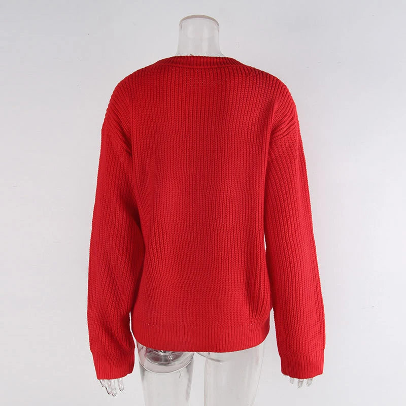 Casual Bow Print Knit Texture Long Sleeve Sweater for Women