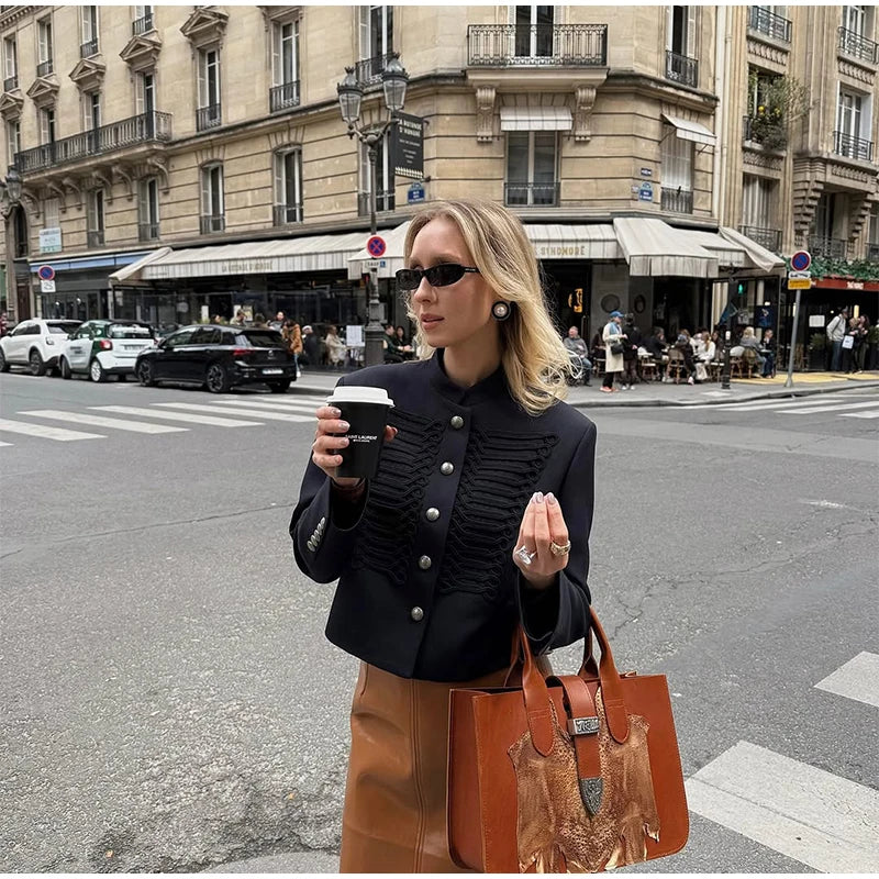 Elegant Satin Frog Button Standup Collar Jacket for Women