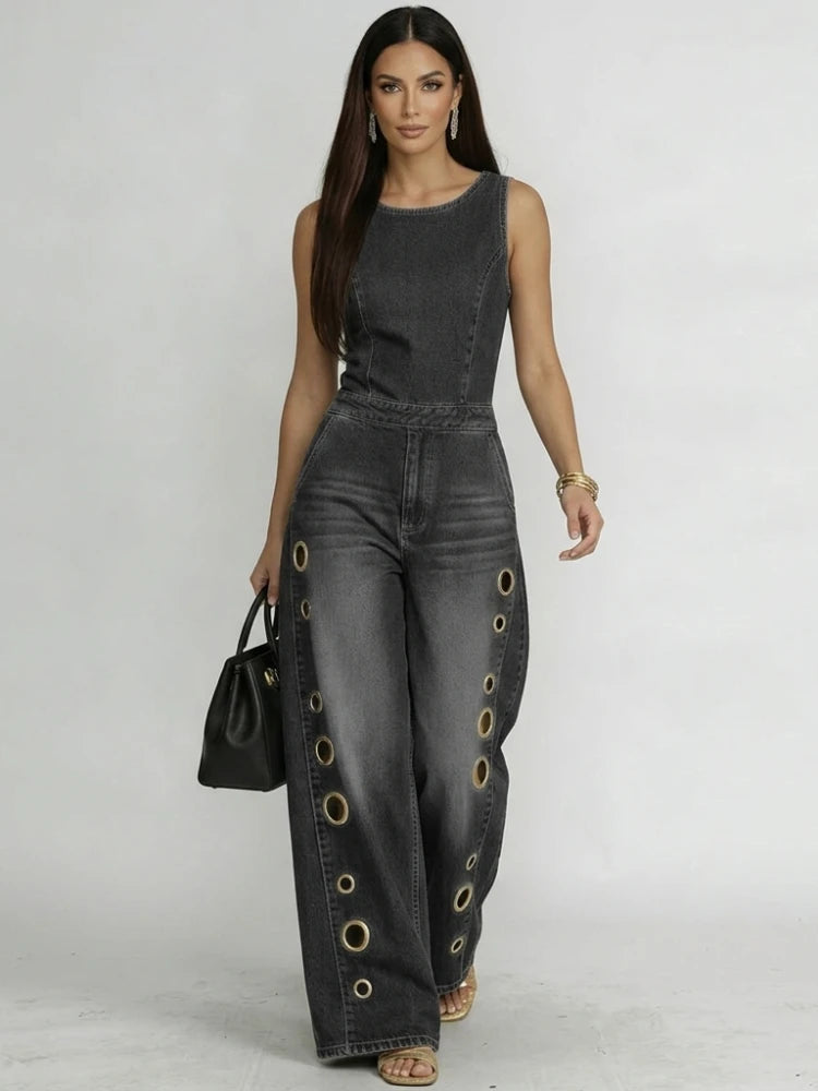 Bonboho Women's Sleeveless Round Neck Eyelet Wide Leg Denim Jumpsuit Casual Streetwear Jumpsuit for Festival & Party Outfits