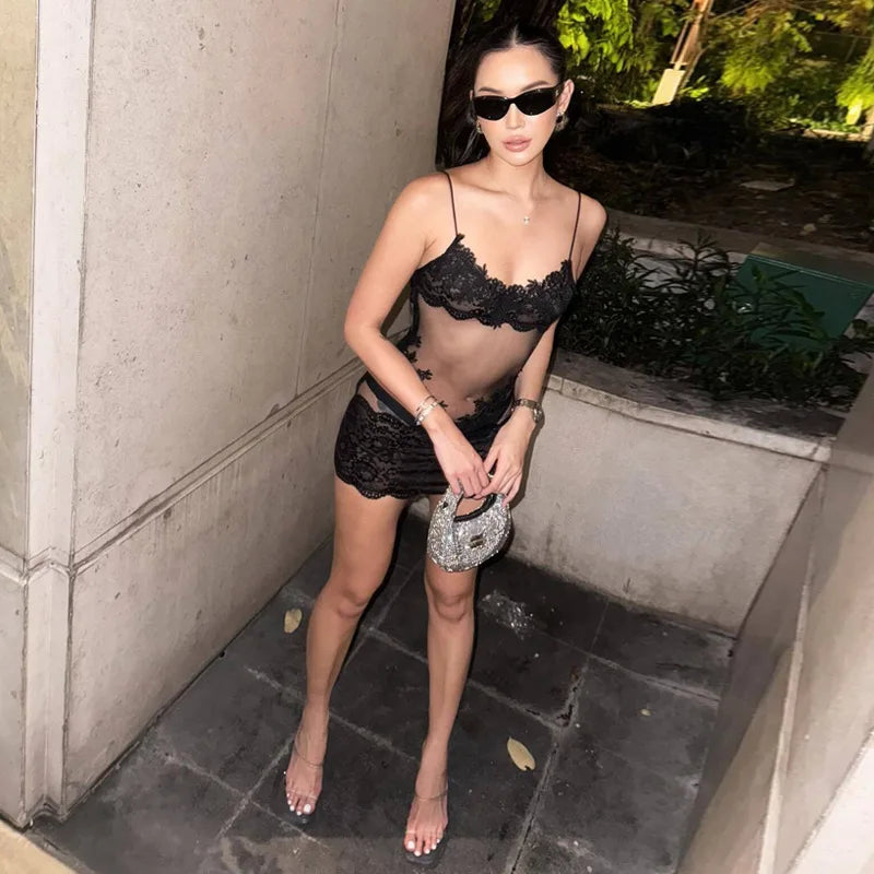 Sexy Sheer High Waist Lace Patchwork Dress for Women