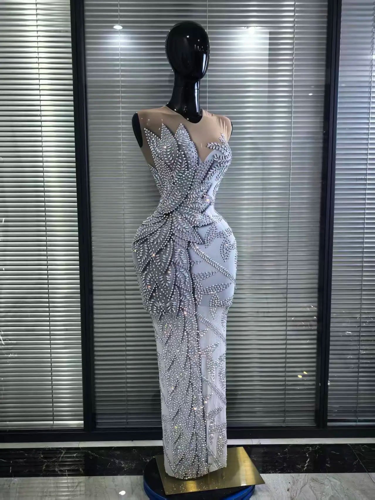 Sexy Mesh See Through Evening Prom Birthday Photo Shoot Singer Stage Outfit Luxury Rhinestone Sleeveless Silver Long Dress