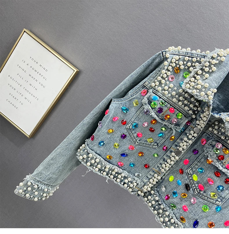 Rhinestone Studded Beaded Denim Lapel Jacket For Women