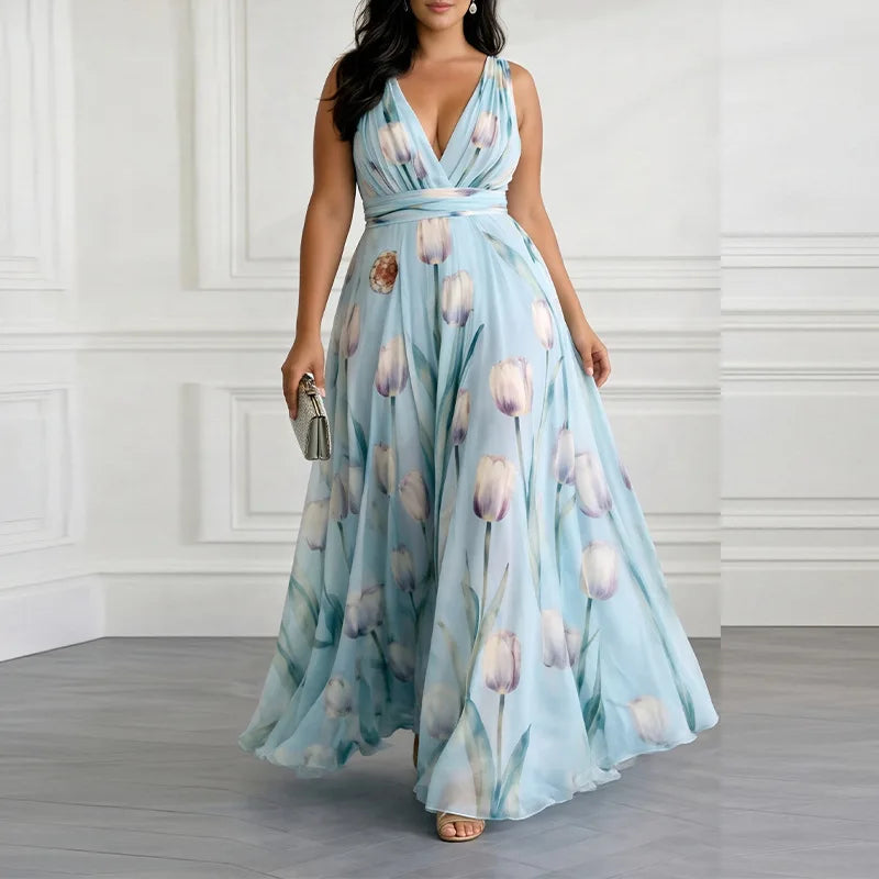 Light Blue Tulip Chiffon V Neck Sleeveless A Line Maxi Dress For Women