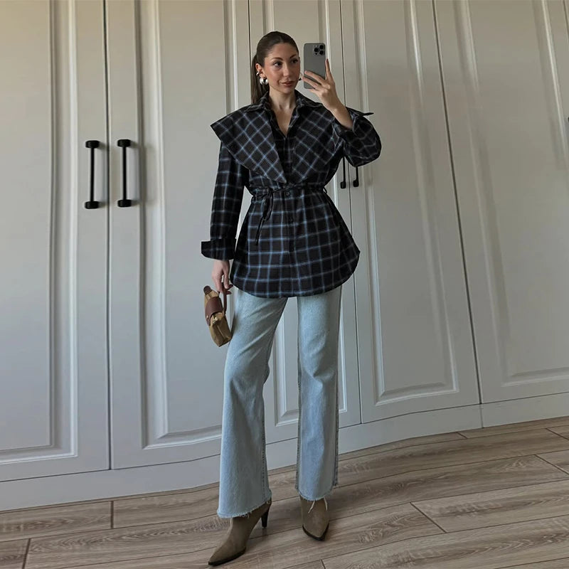 Elegant Plaid Patchwork Long Sleeve Shirt for Women